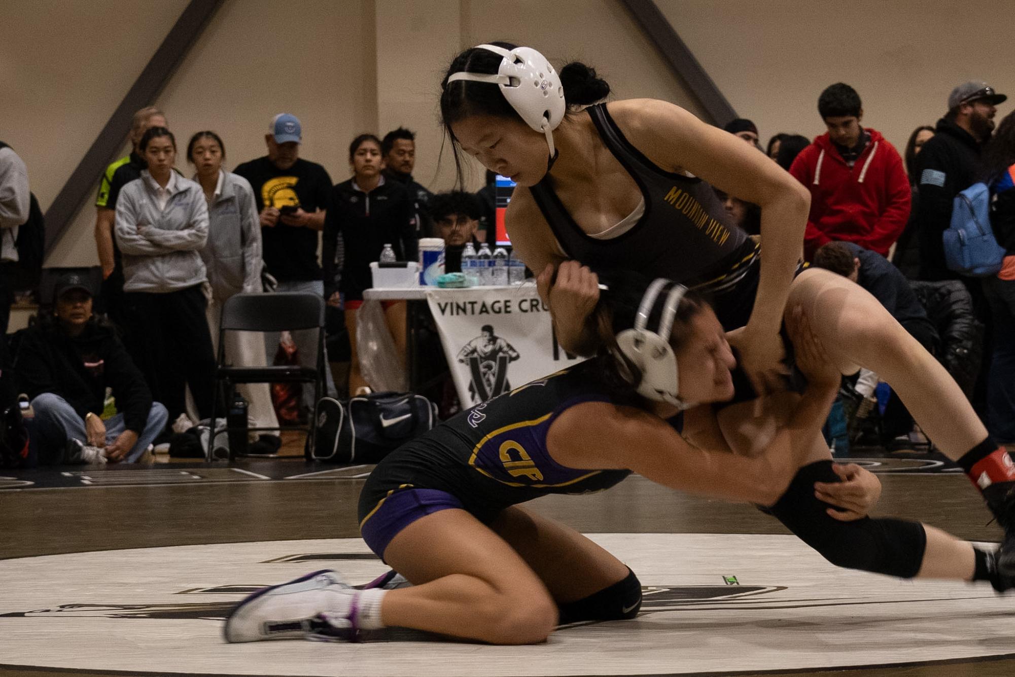 Senior captain Liberty Evans joined the ranks of MVHS wrestlers who have made it to the CIF State Tournament in Bakersville on Feb. 26, which marked the first time MVHS sent two wrestlers to the tournament. Her teammate, junior captain Kiana Lien placed 3rd at the tournament, which made her the first ever CIF state placer, and three-time CIF state qualifier.
This ended a historic season for the girls wrestling team, they placed 1st in SCVAL, 2nd in CCS Northern, and had 4 wrestlers place at CCS Masters; Evans 2nd (155), Lien 3rd (100), sophomore Emeline Zuber 5th (235), and junior Raven Rasmussen-Dailey 6th (135).